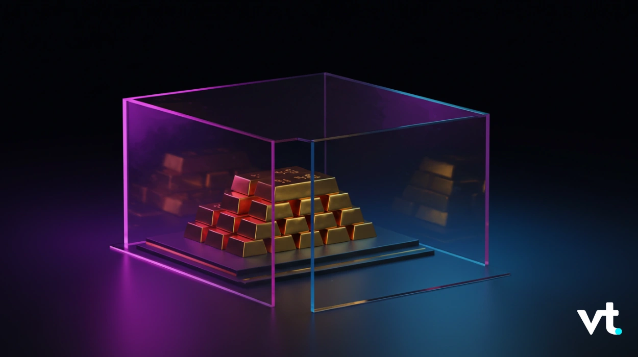 Gold bars stacked in a glass display case lit with pink and blue neon lighting, VT logo in the corner.