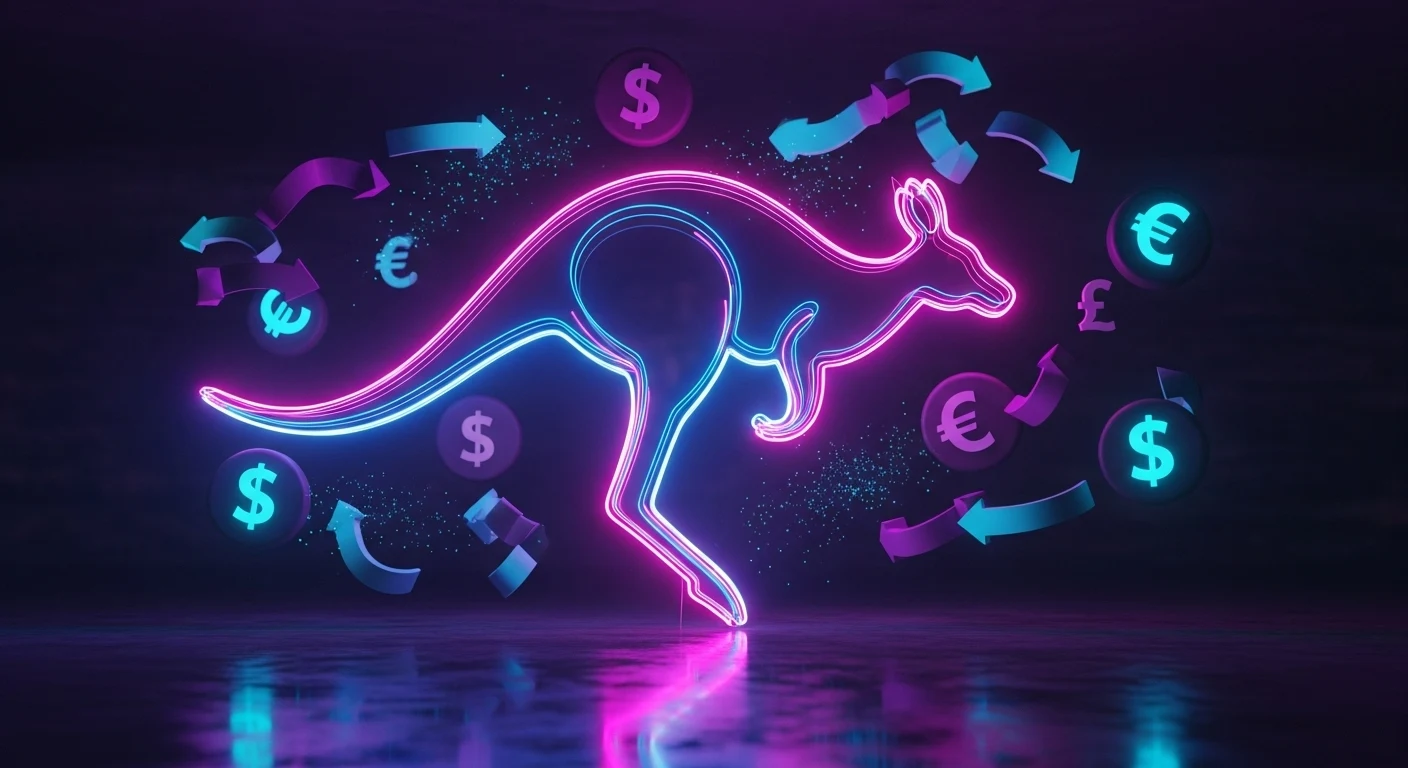 Neon pink and blue kangaroo silhouette leaping amid floating currency symbols ($, €, £) and arrows in a dark glow.