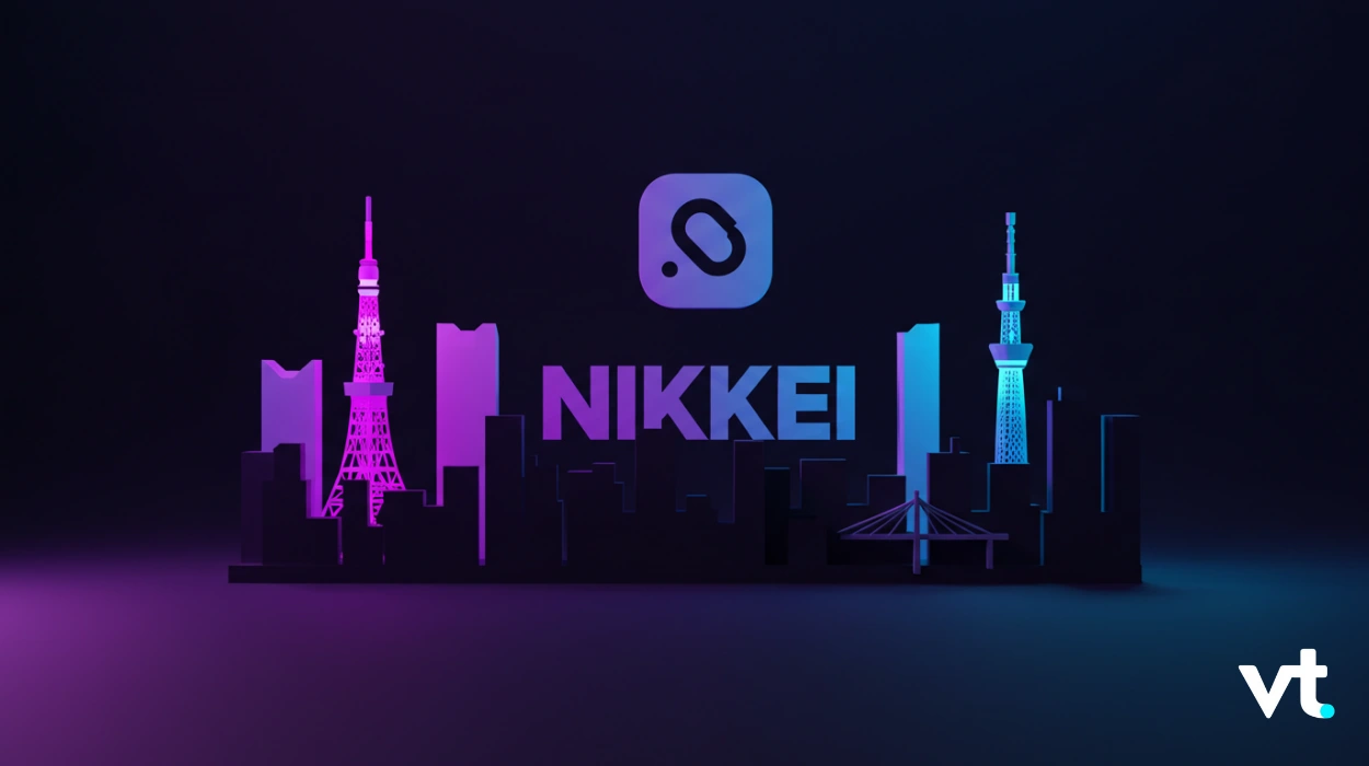 Neon purple–blue skyline silhouette with the NIKKEI logo and a rounded app icon above; vt logo in the bottom-right corner.