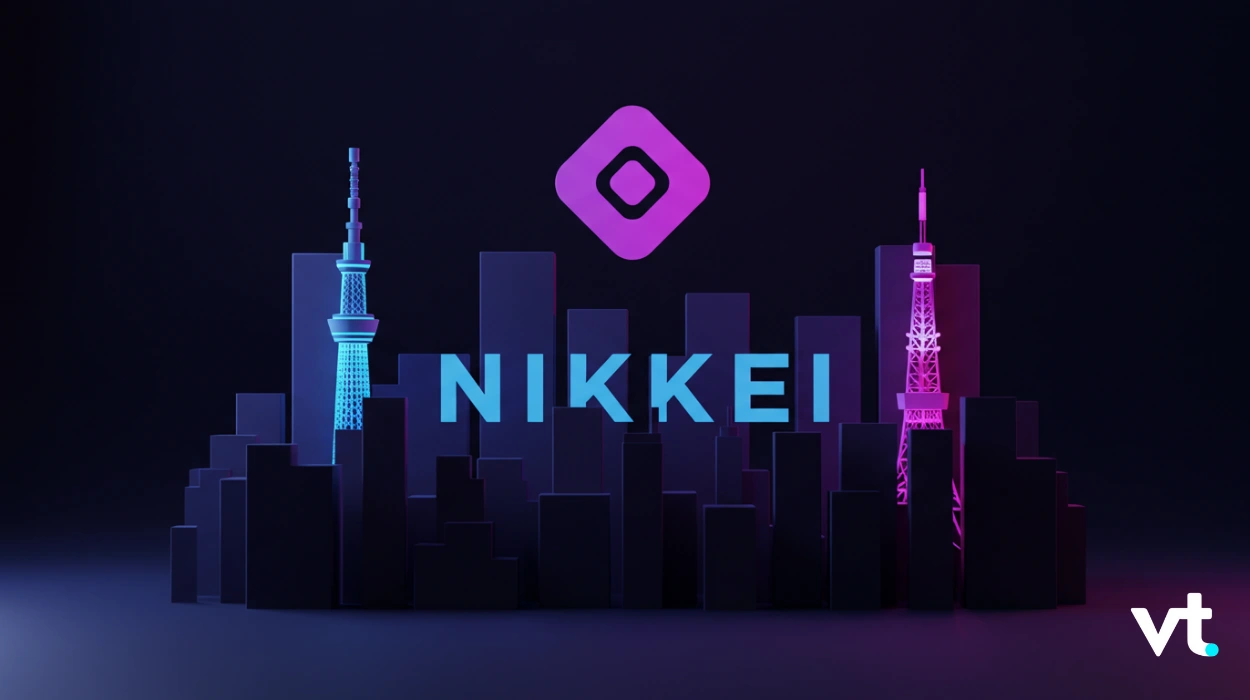 Neon city skyline with blue and pink lights, the word NIKKEI across the center and a purple logo above, VT logo in bottom-right.