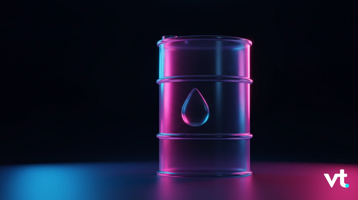 Neon-lit metal oil barrel on a dark background with pink and blue glow; VT logo in the bottom-right corner.